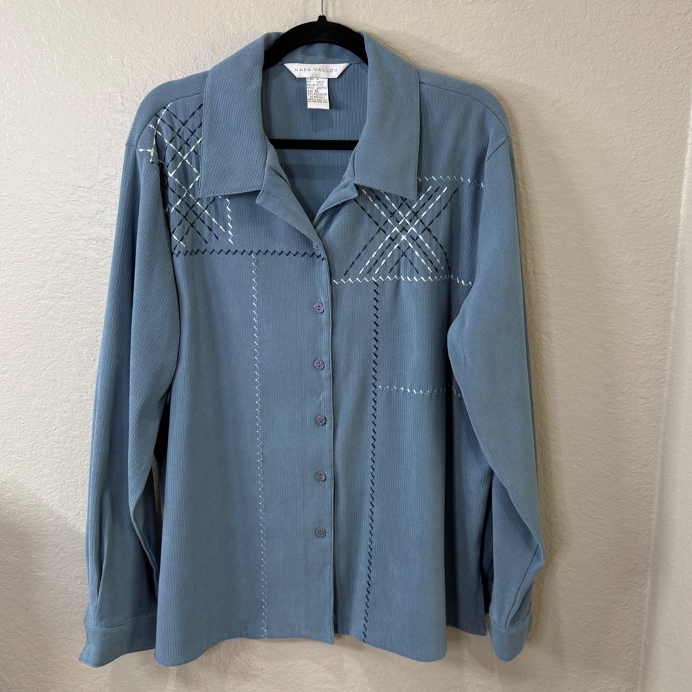 Vintage Napa Valley Button Up Shirt Blue Embroidered Ribbed XL Granny Chic Fall